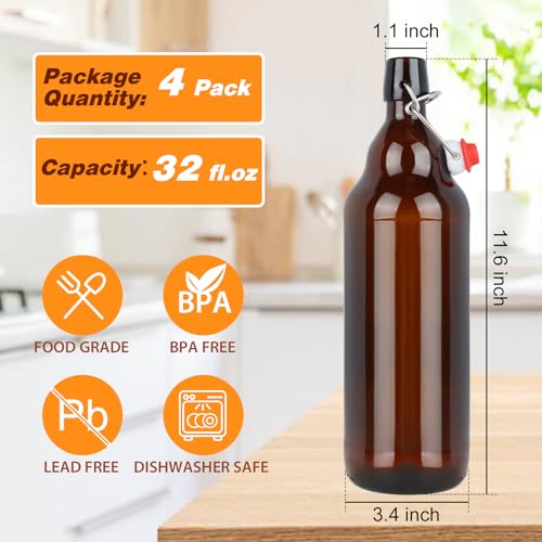 Amber Swing Top Glass Bottles 32 oz, 4 Pack Flip Top Bottles with Airtight Stopper for Home Brewing, Kombucha, Beer, Kefir, Beverages