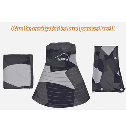 Sun Hats for Men Women Fishing Hat UPF 50+ Breathable Wide Brim Summer UV Protection Hat - color: Camo Dark Grey(with Face Cover & Neck Flap )