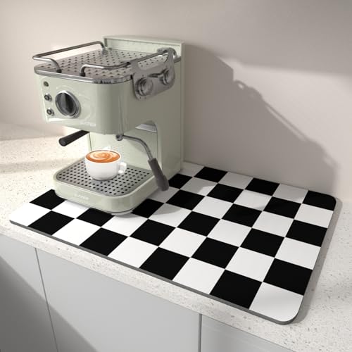 Dish Drying Mat for Kitchen Counter, 12" x 20" Checkered Coffee Bar Mat for Espresso Machine, Absorbent and Stain-Resistant Countertop Protector, Non-Slip Rubber Back Drying Pad, Black & White - color: Black/White, size: 12" x 20"