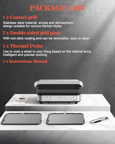 CATTLEMAN Panini Press Grill Sandwich Maker with Removable Plates, 1600W, 5 in 1 Smokeless Indoor Grill & Griddle with Meat Thermometer, Electric Contact Grills for Kitchen, Stainless Steel - color: Silver with Reversible Plates