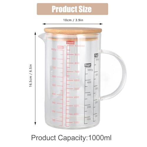 1000ml/33.8oz Microwave Safe Glass Measuring Cup | Heat Resistant Borosilicate, V-Shaped Spout, Clear Scale, Multipurpose for Kitchen, Coffee & Yogurt(1000ml/33.8oz) - size: 1000ML