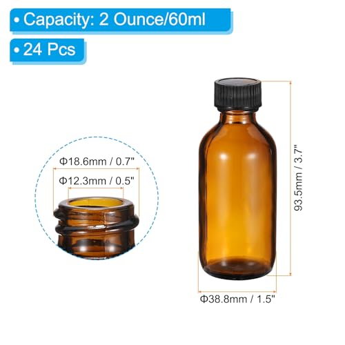 PATIKIL 2oz(60ml) Glass Sample Bottles, 24Pcs Round Bottle Dispensing Bottles with Black Poly Cone Cap for Reagent Liquids, Essential Oils, Perfume, Amber - color: Amber,Black, size: 2 oz