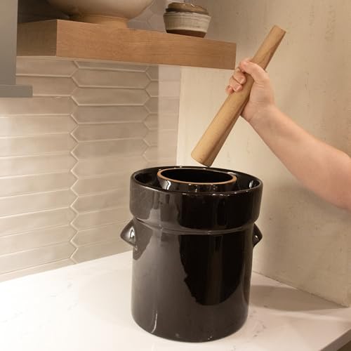 Lehman's European Style Fermentation Crock Set with Wooden Stomper and Fitted Weights, Set to Preserve Sauerkraut Pickles Kimchi and More (1 Gallon) - size: 1 Gallon