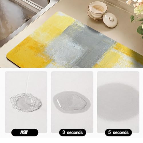 Dish Drying Mat for Kitchen Counter, Yellow and Grey White Abstract Art, Absorbent Quick Dry Pad with Rubber Backing, Dish Rack Pad for Dishes, Utensils, Countertops, Sinks 12" x 20 - color: Yellow and Grey White