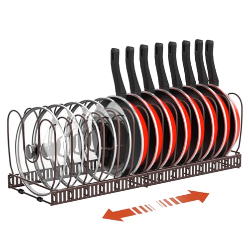Housolution Pot and Pan Organizer Rack for Cabinet, Expandable Pot Lid Organizer with 15 Adjustable Dividers, Pan Holder Storage Rack for Kitchen Cabinet, Bronze - color: Bronze, size: 14 Dividers
