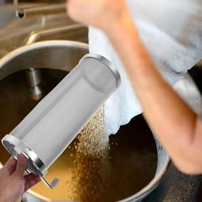 SEWACC Stainless Steel Beer Brewing Strainer Basket 10x25cm Grain Brewing Filter Tube with Dual Hooks Mesh Cylinder for Homebrew Wine