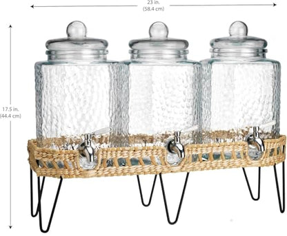 1.5 Gallon Glass Drink Dispenser for Parties 3 PACK Beverage Dispensers with Stand, Glass Water Jug Dispenser, with 18/8 Stainless Steel Spigot, Great for Party, Wedding, Picnic, BBQ Wicker Design - color: 1.5 Gallon Clear 3 Pack