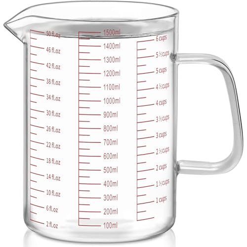 Luvan 6 Cups Glass Measuring Cup, Easy to Read with 3 measurement scales (Ml/Oz/Cup), Insulated Handle and V-shaped Spout, High Borosilicate Glass Measuring Cup, Ideal for Kitchen or Restaurant - color: 50Oz/6Cups/1.5L