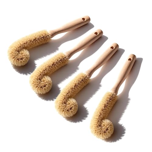 Wooden Bottle Brush - L-Shape Long Handle Cup Scrubber for Water Bottles, Decanters & Glassware - Beech Wood Kitchen Cleaning Tool (Multipack) (4) - size: 4 Pack - L-Shape Brushes