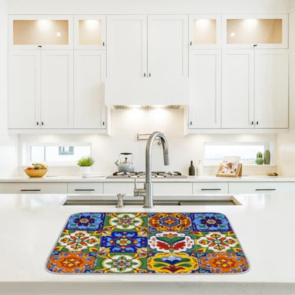 Dish Drying Mats for Kitchen - Super Absorbent Dish Dryer Mat for Countertops Microfiber Dishes Drainer Pad Hide Stain Draining Rack Mat Gadgets for Easy Clean Multi-Use 16"x18" (Mexican Tiles, S) - size: S