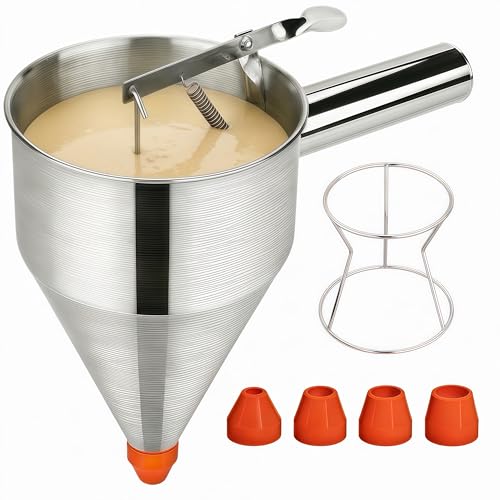 40oz Stainless Steel Pancake Batter Dispenser with Squeeze Handle & Stand, Multi-Nozzle Funnel Cake Dispenser for Pancakes, Cupcakes, Muffins, Waffles & Baking - Precise Control