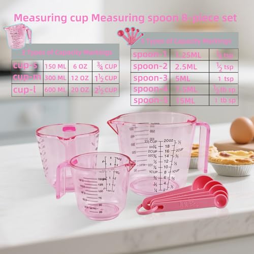 Pink Plastic Measuring cup Measuring spoon Set: 3 Stackable Liquid Measuring Cups 150/300/600ml and 5 Spoons 1.25-15ml, Used to Create Pink Kitchen Themes, Baking, Cooking