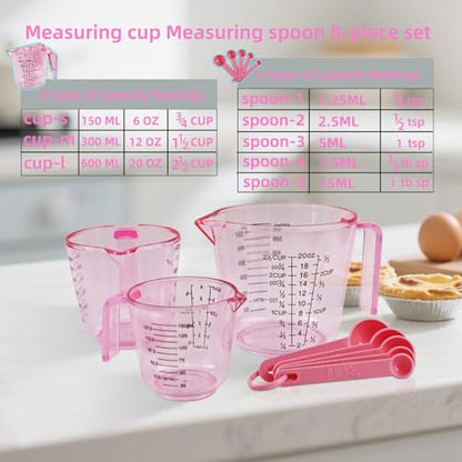 Pink Plastic Measuring cup Measuring spoon Set: 3 Stackable Liquid Measuring Cups 150/300/600ml and 5 Spoons 1.25-15ml, Used to Create Pink Kitchen Themes, Baking, Cooking
