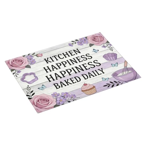 Kitchen Drying Mat for Countertop Kitchen Happiness Baking Quote Design Non-Slip Kitchen Counter Mat for Dishes Glassware - color: White Purple
