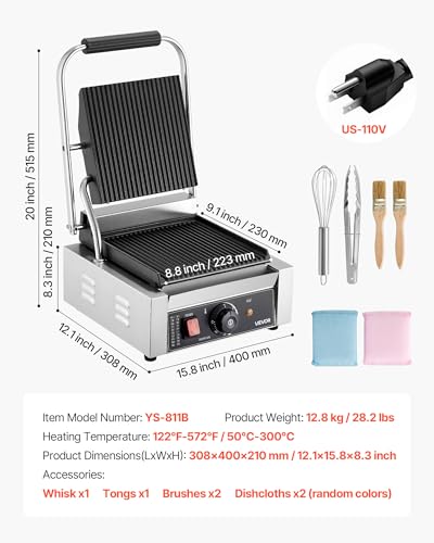 VEVOR Commercial Panini Grill, 1800W Electric Sandwich Panini Maker, Stainless Steel Sandwichs Press Grill with Handle and Temp Control, 8.8x9 in Full Grooved Enamel Plate for Hamburger Steak Bacon