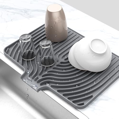 Dish Drying Mat for Kitchen Counter, 18"x12" Dish Drying Rack(gray) | Various Sizes & Colors,Steep-Slope Built in Drain,High-fin Ventilation,Food-grade Silicone,500F heat resistant,for Flat sinks - color: Gray, style: 18×12inch