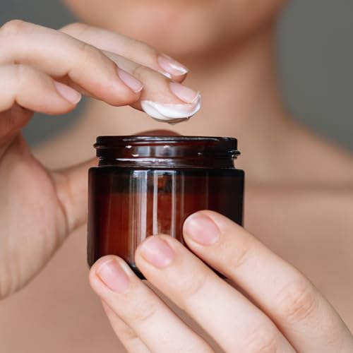 OverNews 2oz Amber Glass Jar Travel Size, 45PCS Empty Cosmetic Lotion Container with Black Lid & Spatula, Small Mini Jar for Beauty (Amber) - color: HAmber, size: 45