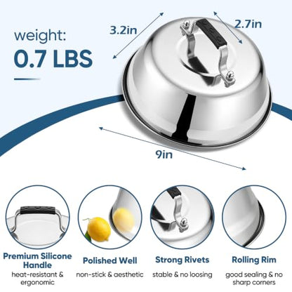 HaSteeL Melting Dome & Grill Press for Griddle, Stainless Steel 9In Basting Cover & Heavy Duty 7In Wooden Burger Press, Griddle Accessories Kit Great for Flat Top Teppanyaki Cast Iron Indoor Outdoor - size: 9" Dome & Round Press
