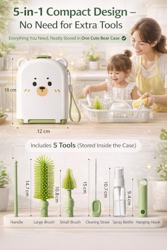 Travel Bottle Cleaner kit, 7in1 Baby Toddler Travel Essential Silicone Bottle Brush Set, Nipple, Drying Rack, Straw, & Breast Pump Cleaning, Soap Dispenser & Organizer Case, Gift Mom - color: Green