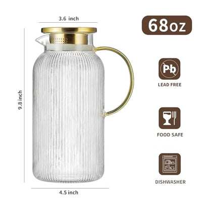 Buaic Glass Pitcher with Lid, 68 oz/2 Liter Classic Vertical Stripes Water Pitcher,Glass Water Carafe for Cold Brew, Coffee, Lemonade, Iced Sun Tea,Beverage,Milk, Heat Resistant - color: Clear, size: 2L-1 PACK