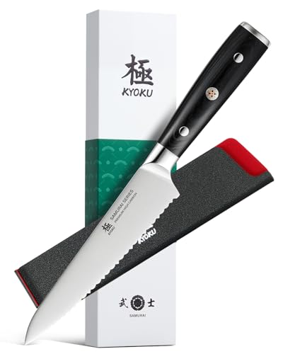 KYOKU 5.5 in. Serrated Utility Knife, Samurai Series Japanese Utility Chef Knife with Pakkawood Handle, German 1.4116 Stainless Steel Full Tang Sandwich Tomato Knife with Protective Sheath & Gift Box - size: 5.5", style: Utility Knife