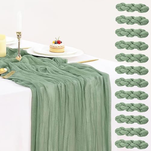 12 Pack Sage Green Cheesecloth Table Runner 35x120 Inch, 10Ft Boho Sheer Gauze Table Runner Cheese Cloth Runner for Wedding Baby Shower Birthday Home Decor Garden Farmhouse - color: Sage Green, size: 10ft x 12pcs