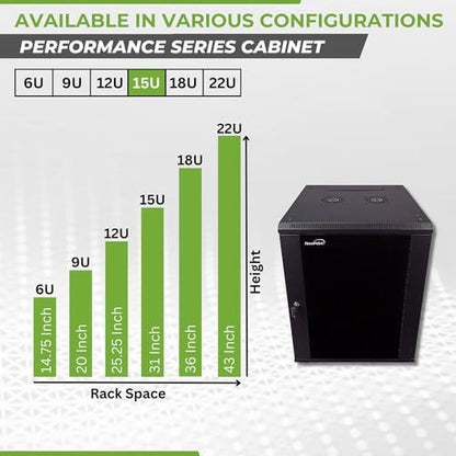 NavePoint 15U Server Cabinet Wall Mount Rack Enclosure with Caster Wheels, 2 Fans, Locking Glass Door, Removable Side Panels – 15U Network Cabinet 23.6” Deep, 19” Server Rack for IT Equipment - size: 15U - 600mm Depth