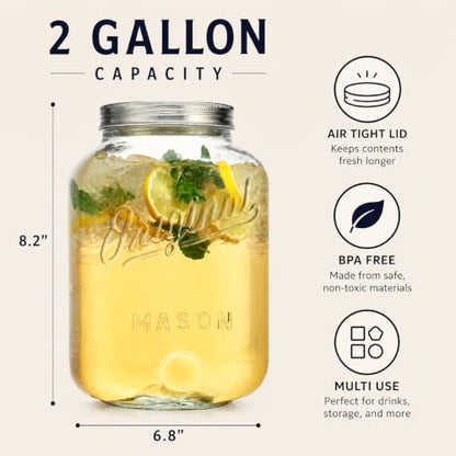 Large 2 Gallon Glass Jar with Airtight Lid, Mason Jar Extra Wide Mouth for Flour Sugar Food Storage Containers, Canning Jars for Bulk Sun Tea, Kombucha, Cookie, Pickle, Fermenting Canisters
