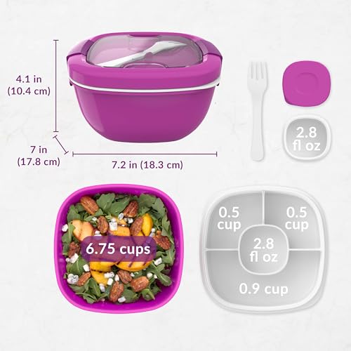 Bentgo Salad Container - 54 oz Bowl with 4-Compartment Toppings Tray, Leak-Proof Dressing Container, Reusable Fork, BPA-Free Lunch Box for Meal Prep & Food Storage; Removable Bento Tray (Purple) - color: Purple