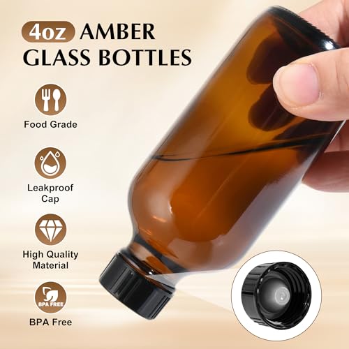 Small Glass Bottles with Lids Boston Round Shot Bottles for Health, Immunity, Ginger Juice, Essential Oils, Potion - Leak Proof Mini Travel Containers (Amber UV, 4oz-12Pack) - color: Amber UV, size: 4oz-12Pack