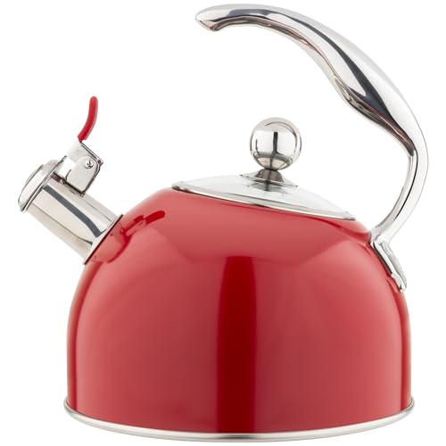 Viking 3-Ply Stainless Steel Tea Kettle, 2.6 Quart Stovetop Hot Water Pot with Tempered Glass Lid, Ergonomic Handle, Induction Ready, Red - color: Red