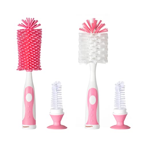 Chemimoso Multifunctional Cleaning Brush, Baby Bottle Brush, Bottle Brush Cleaner, Rotate the Suction Cup to Obtain the Small Bristle Brushes, Set Z, Pink, Silicone and Nylon Brush - color: Pink 1