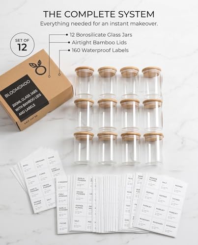 Bloomondo Glass Spice Jars with Label Pack (12x Bamboo Lid Glass Jar) Small 6oz Empty Spice Storage Bottles with 112 Printed Stickers and 48 Writable Pantry Labels for Seasoning Containers