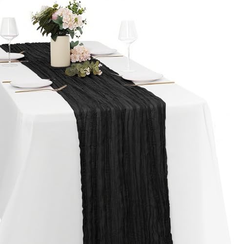 Black Cheesecloth Table Runner -21*120Inch Long Boho Wedding Table Decor, Rustic Gauze Fabric Runner for Bridal Showers, Baby Showers & Parties (Sheer, Lightweight, Wrinkled Design) - color: Black, size: 120*21-1pack