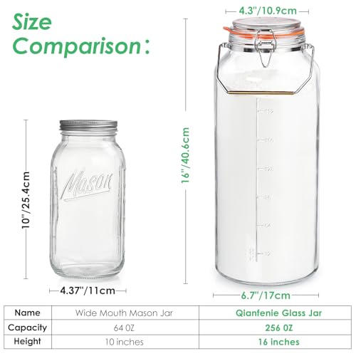 Qianfenie 2 Gallon Glass Jar with Airtight Lid(7600ML), Gallon Airtight Glass Storage Jar with Stainless Steel Handle - Large Glass Food Storage Container with Lid Flour, Sugar, and Dog Treats