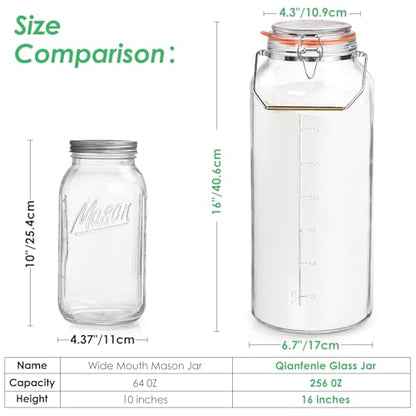 Qianfenie 2 Gallon Glass Jar with Airtight Lid(7600ML), Gallon Airtight Glass Storage Jar with Stainless Steel Handle - Large Glass Food Storage Container with Lid Flour, Sugar, and Dog Treats