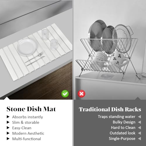 Extra Large Stone Dish Drying Mats for Kitchen Counter, 28"×16" Quick Drying Collapsible Dish Drying Mat, Absorbent Eco-Friendly Diatomaceous Earth Mats for Dishes Bottles, Match Any Countertop【White】