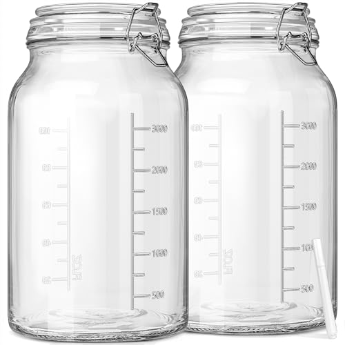 1 Gallon Round Glass Storage Jars, Airtight Glass Pickle Jars, Mason Jars | 4.3" Wide Mouth, Airtight Flip Lid, 2 Pack Food Grade Canisters, Gallon Glass Jars with ML/OZ Scale Line, Dishwasher Safe