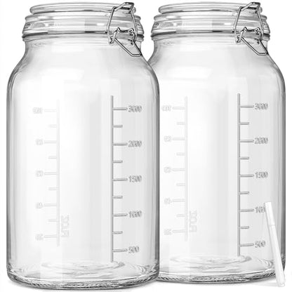 1 Gallon Round Glass Storage Jars, Airtight Glass Pickle Jars, Mason Jars | 4.3" Wide Mouth, Airtight Flip Lid, 2 Pack Food Grade Canisters, Gallon Glass Jars with ML/OZ Scale Line, Dishwasher Safe