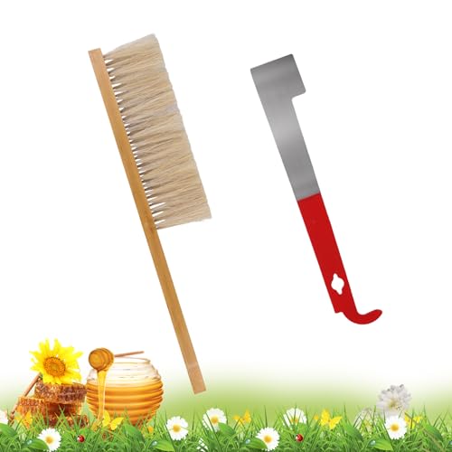 PEUTIER 2pcs Bee Hive Brush and Bee Hive Scraper Set, Metal J Hook Bee Hive Tool Hive Frame Lifter Gripper Bee Brush with Wooden Handle Beekeeping Supplies Equipment for Bee Keepers
