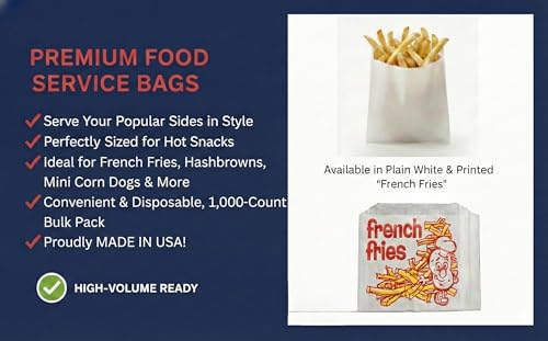Food Service Paper Bags for Fries, Hashbrowns & Hot Foods - 5.5x4 inch, 1000 Count White Takeout Bags - style: White