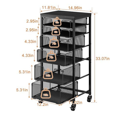 6-Tier Kitchen Storage Cart -Fruit Vegetable Storage Cart with Drawers, Wooden Top Metal Wire Kitchen Organizer and Storage Cart with Wheels to Storage Onions Potatoes Cans Snacks for Kitchen - size: 6-Tier Black