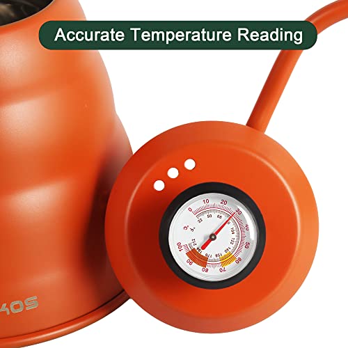 Gooseneck Kettle with Thermometer for Pour Over Coffee & Tea, 42 fl oz, Premium Stainless Steel, Accurate Temperature Control, Ideal Spout for Precision Pouring, Compatible with Stovetops - color: Orange