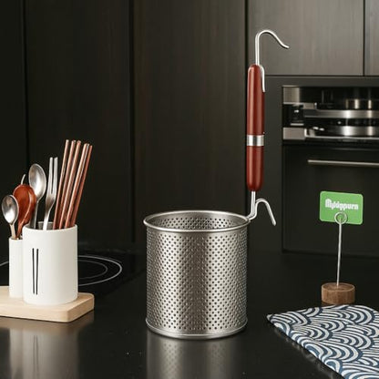 Mesh Pasta Basket Food Strainer Insert For Pot, Colander with Round Wooden Handle Stainless Steel Mesh Spider Strainer for Pasta Noodles Dumpling Vegetable - size: 7inches（diameter）