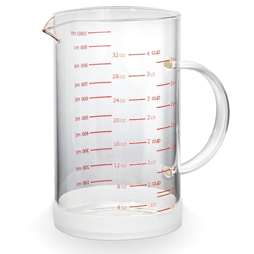 4 Cup Glass Measuring Cup with Handle, 77L High Borosilicate Glass Measuring Cup with V-Shaped and Three Scales (Cup, OZ, ML), Glass Liquid Beaker with Silicone Base, Double-Sided Measure Scales - size: 4 Cup, 1000ML