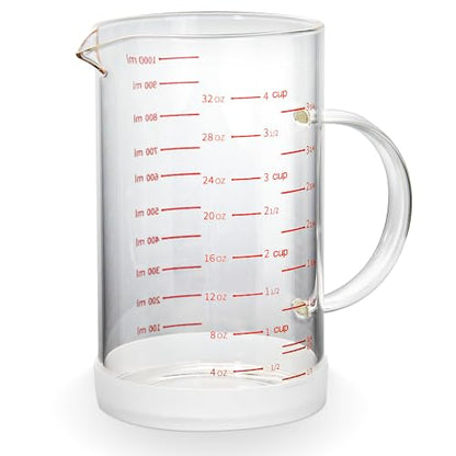 4 Cup Glass Measuring Cup with Handle, 77L High Borosilicate Glass Measuring Cup with V-Shaped and Three Scales (Cup, OZ, ML), Glass Liquid Beaker with Silicone Base, Double-Sided Measure Scales - size: 4 Cup, 1000ML