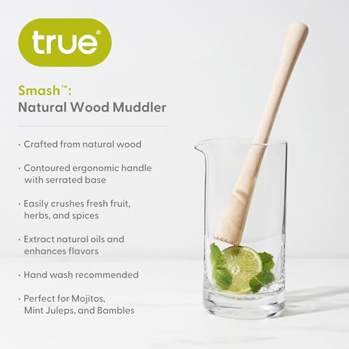 True Smash Wooden Muddler for Cocktails with Ergonomic Contoured Handle, Durable Cocktail Muddlers, Herbs and Fruit Crushers, Home Bar Accessories, 9.75", Set of 1 - color: Wood