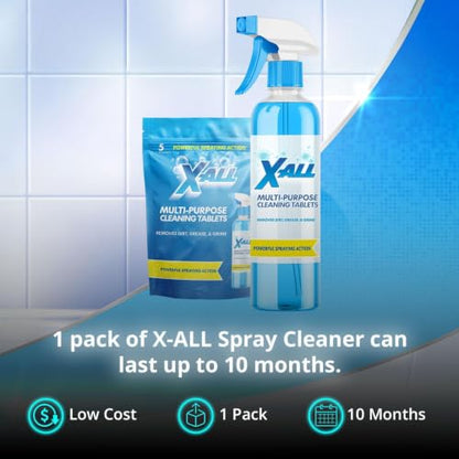 X-ALL Multi-Purpose Cleaner - Spray Bottle and 5x Cleaning Tablets - Cleaner for Oven, Kitchen & Floor surfaces, and Removes Grease and Grime