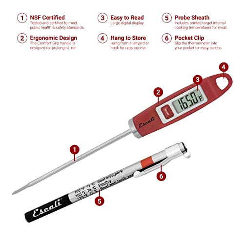 Escali DH1 Gourmet Digital Meat Thermometer with Extra Long Probe, NSF Certified, Red - color: Red