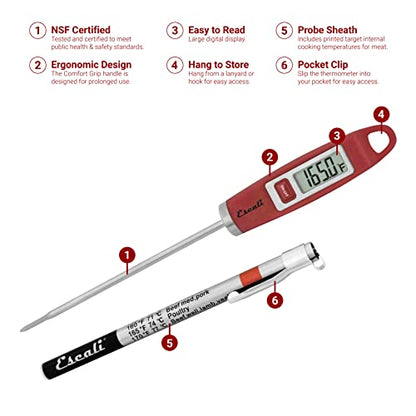 Escali DH1 Gourmet Digital Meat Thermometer with Extra Long Probe, NSF Certified, Red - color: Red